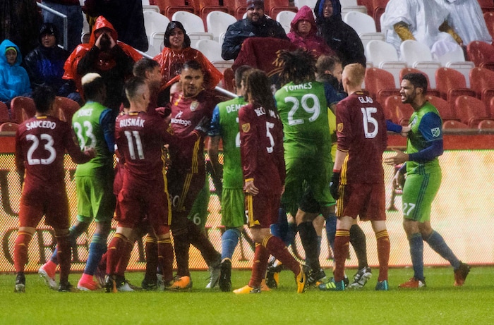 (Rick Egan  |  The Salt Lake Tribune) A scuffle breaks out in the final minutes of the game,  in MLS soccer action, Real Salt Lake vs Seattle Sounders, in Sandy, Saturday, September 23, 2017.