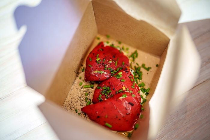 (Trent Nelson  |  The Salt Lake Tribune) Yemista (piquillo peppers, smoked feta, scallions, olive oil, black sea salt) at Manoli's in Salt Lake City on Saturday, Jan. 8, 2022.
