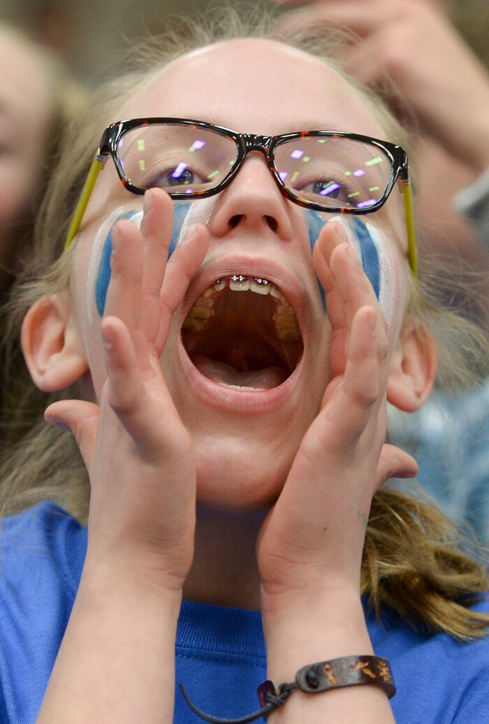 (Leah Hogsten  |  The Salt Lake Tribune) Bingham fans celebrate the win.  Bingham defeated Copper Hills 48-40 in their semifinal game of the 6A High School Girls' Basketball Tournament at SLCC in Taylorsville, Friday, Feb. 23, 2018. 