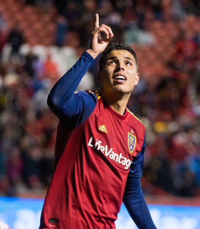 (Rick Egan  |  The Salt Lake Tribune)      Real Salt Lake midfielder Luis Silva (20) reacts after scoring a goal in the first period, in MLS action between Real Salt Lake and Vancouver Whitecaps, at Rio Tinto Stadium beSaturday, April 7, 2018.



