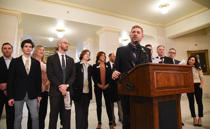 (Francisco Kjolseth  |  The Salt Lake Tribune)  Equality Utah Executive Director Troy Williams talks about legislation being introduced at the Utah Capitol to ban conversion therapy on Thursday, Feb. 21, 2019. 