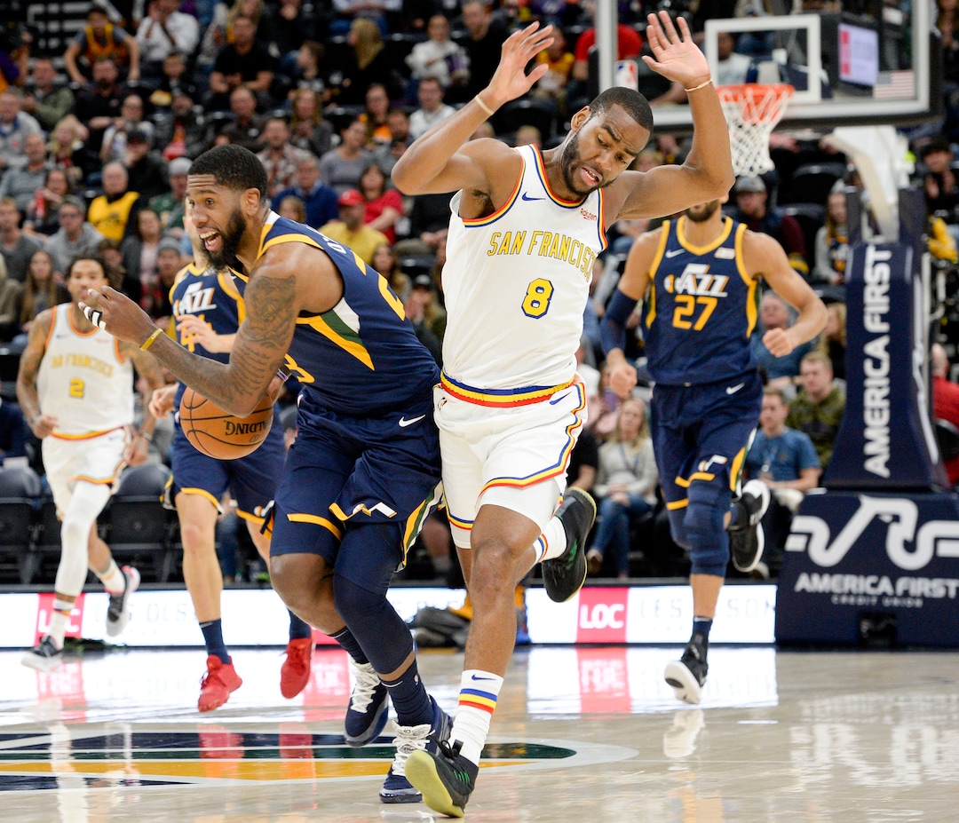 (Leah Hogsten  |  The Salt Lake Tribune) Utah Jazz forward Royce O'Neale (23) hip checks Golden State Warriors guard Alec Burks (8) as the Utah Jazz host the Golden State Warriors, Dec. 13, 2019 at Vivint Arena.