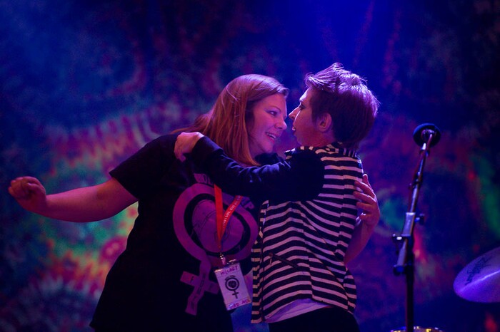 (Trent Nelson | The Salt Lake Tribune) Camp director Hillary McDaniel embraces Sara Johnson after Johnson's performance at Rock Camp for Womyn's showcase on Feb. 4. Campers learned how to play instruments, form bands, write songs, and perform live in concert — all in three days. It's a new program by the same group that does Rock and Roll Camp for Girls.