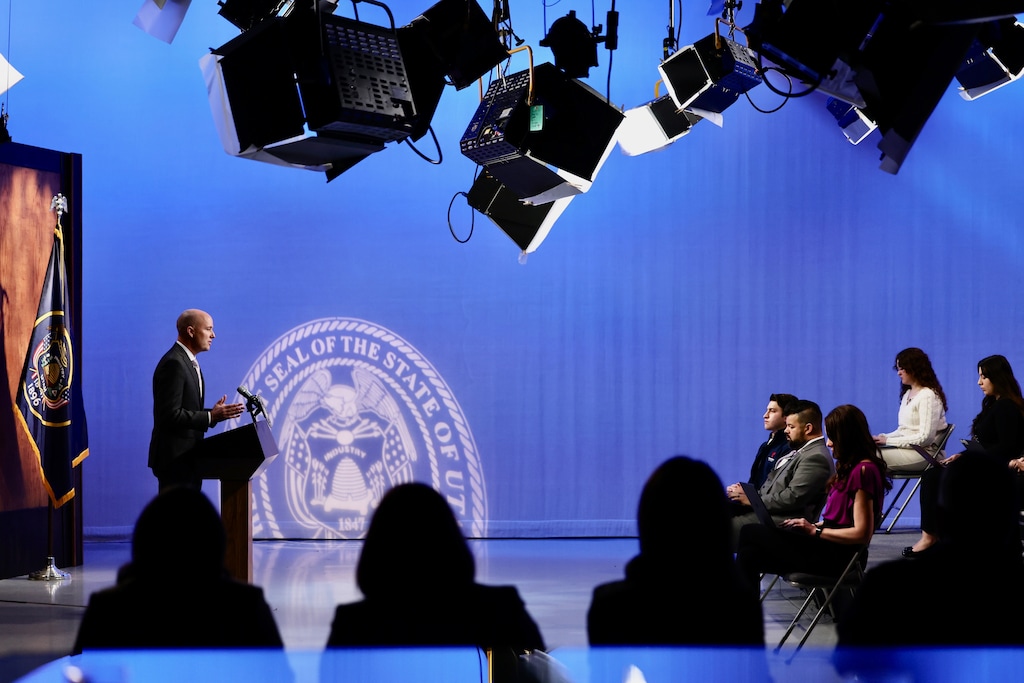 (Laura Seitz | Deseret News) Utah Gov. Spencer Cox holds his monthly news conference at PBS Utah in the Eccles Broadcast Center in Salt Lake City, Thursday, March 16, 2023.