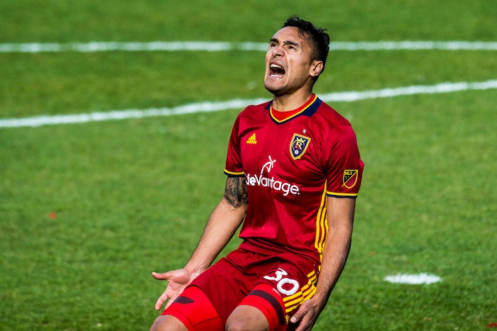 (Chris Detrick  |  The Salt Lake Tribune)  Real Salt Lake defender Marcelo Silva (30) reacts after missing an attempt on goal during the game at Rio Tinto Stadium Sunday, October 22, 2017.  