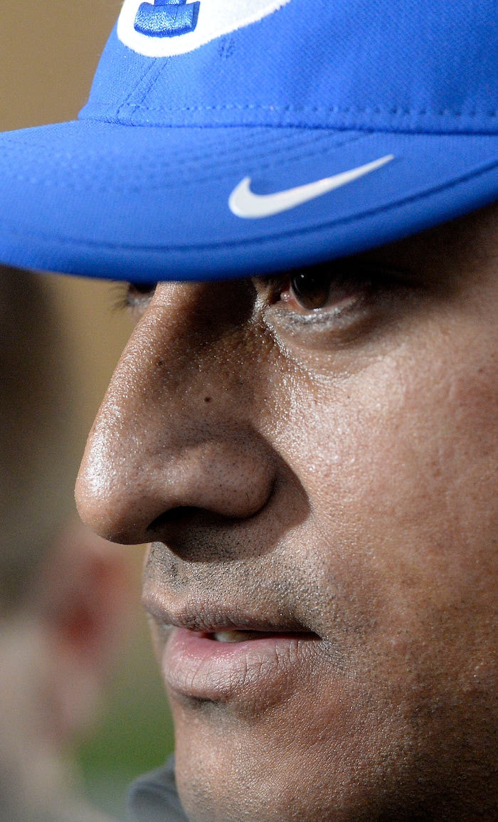 (Al Hartmann | The Salt Lake Tribune)
BYU opened spring football camp on Monday March 5 in the indoor playing facility. Head Coach Kalani Sitake speaks to the media after the first day's practice.