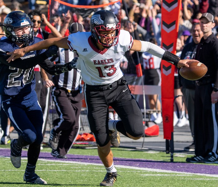 (Rick Egan | The Salt Lake Tribune) Zoram Petelo runs for the Layton Christian Academy, in 1A Football Championship action between the Duchesne Eagles and the Layton Christian Academy Eagles, at the Elizabeth Dee Shaw Stewart Stadium in Ogden, on Saturday, Nov. 13, 2021.