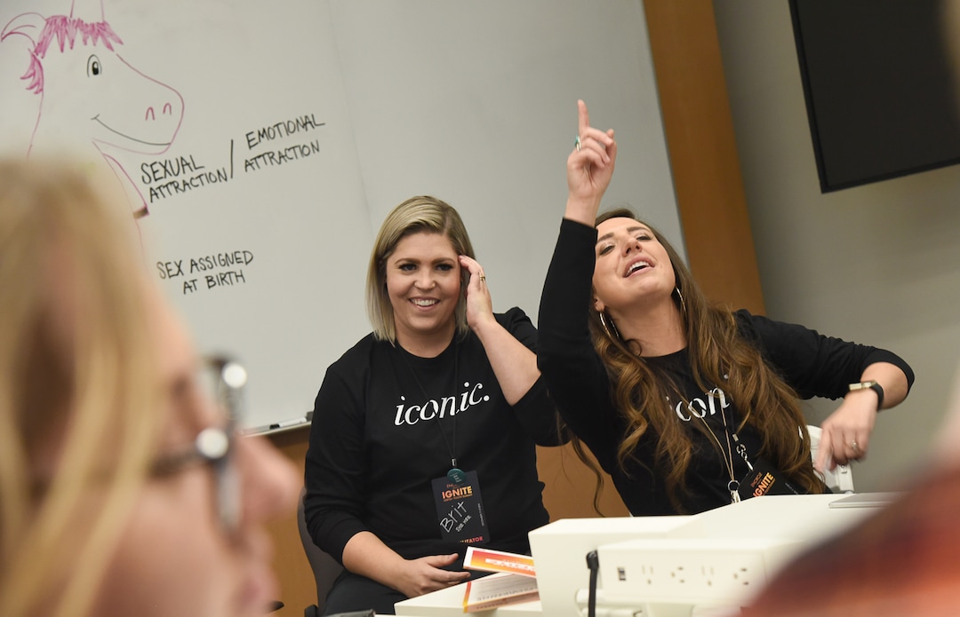 (Francisco Kjolseth  |  The Salt Lake Tribune)  Brittany Moline, left, as her spouse Maurie run a workshop on self awareness and shame free sexuality as part of a Encircle’s 2nd annual LGBTQ+ youth summit at Adobe headquarters in Lehi on Saturday, Dec. 1, 2018.