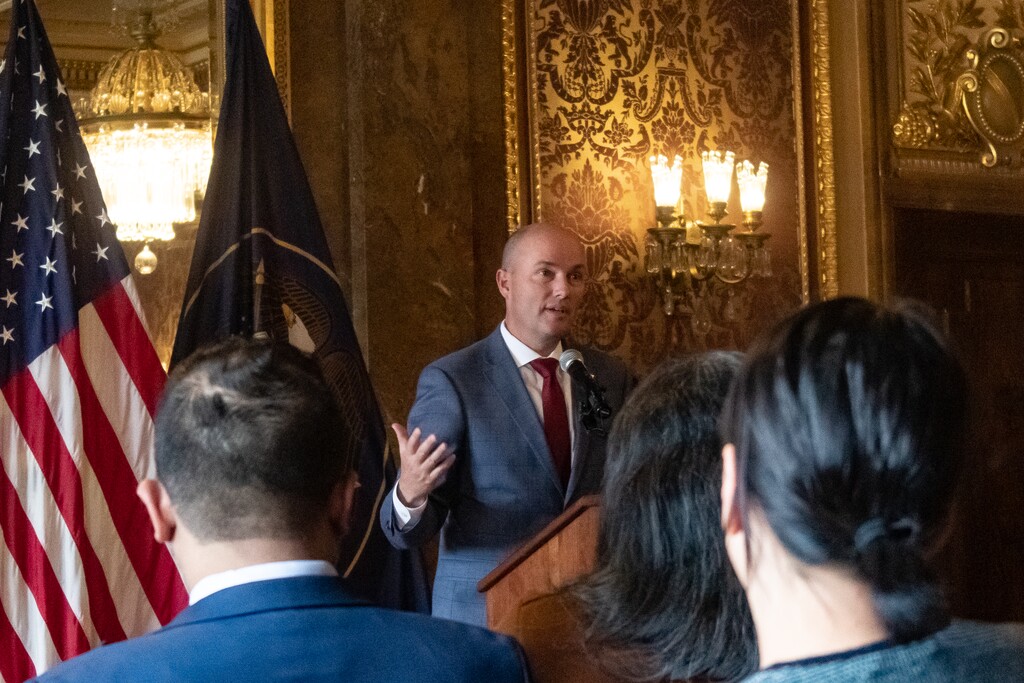 (Jordan Miller | The Salt Lake Tribune) Gov. Spencer Cox speaks to attendees during a news conference announcing the creation of the Afghan Community Fund at the State Capitol on Tuesday, October 19, 2021.