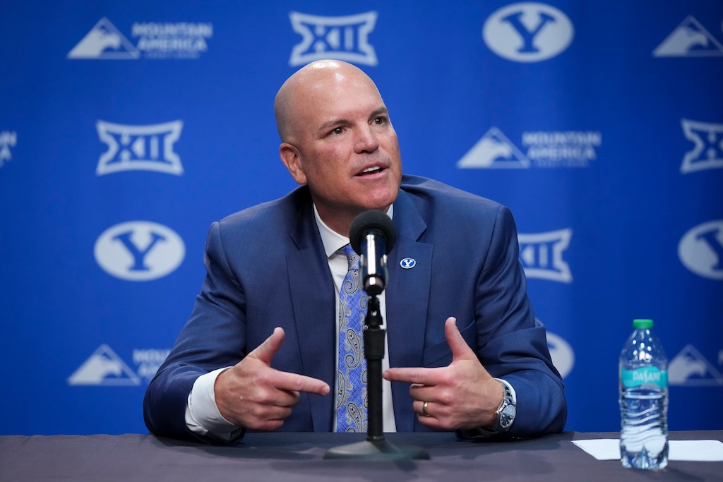 (Bethany Baker  |  The Salt Lake Tribune) Brian Santiago speaks during a news conference following the announcement of Santiago as the new BYU athletic director at Brigham Young University in Provo on Wednesday, May 14, 2025.