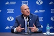 (Bethany Baker | The Salt Lake Tribune) Brian Santiago speaks during a news conference following the announcement of Santiago as the new BYU athletic director at Brigham Young University in Provo on Wednesday, May 14, 2025.