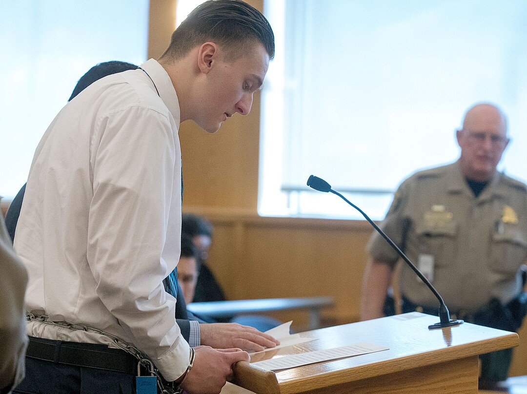 (Eli Lucero  |  Herald Journal, pool) Colter Peterson speaks during his sentencing hearing for attempted aggravated murder and robbery, Thursday, Feb. 1, 2018, in Logan, Utah. Peterson received a sentence of 15 years to life for shooting Deserae Turner in February 2017, and leaving her for dead in a dry irrigation canal in Smithfield, Utah.