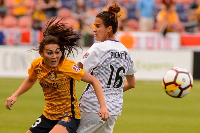 (Trent Nelson | The Salt Lake Tribune)  Utah Royals host Orlando Pride at Rio Tinto Stadium in Sandy, Wednesday May 9, 2018. Utah Royals FC defender Brooke Elby (13) and Orlando Pride defender Carson Pickett (16).