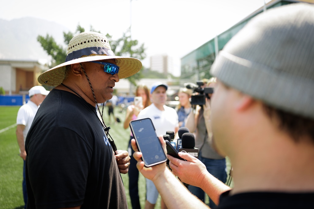 (Jaren Wilkey | BYU Photo) Head coach Kalani Sitake speaks to reporters after BYU football practice in Provo, Wednesday, Aug. 05, 2026