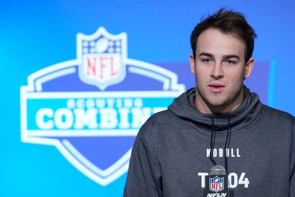 (Darron Cummings | AP) Utah tight end Dalton Kincaid speaks during a news conference at the NFL football scouting combine in Indianapolis, Friday, March 3, 2023.