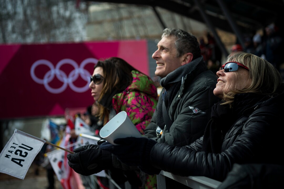 (Chris Detrick  |  The Salt Lake Tribune)  Jean Schaefer and Brian Boxer Wachler watch as Team USA bobsledders race at Olympic Sliding Centre during the Pyeongchang 2018 Winter Olympics Saturday, Feb. 24, 2018. 
