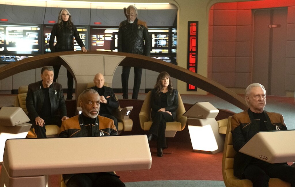 (Trae Patton | Paramount+) Back on the bridge of the Enterprise-D — Jonathan Frakes as Will Riker, Gates McFadden as Beverly Crusher, LeVar Burton as Geordi La Forge, Patrick Stewart as Jean-Luc Picard, Michael Dorn as Worf, Marina Sirtis as Deanna Troi, and Brent Spiner as Data.