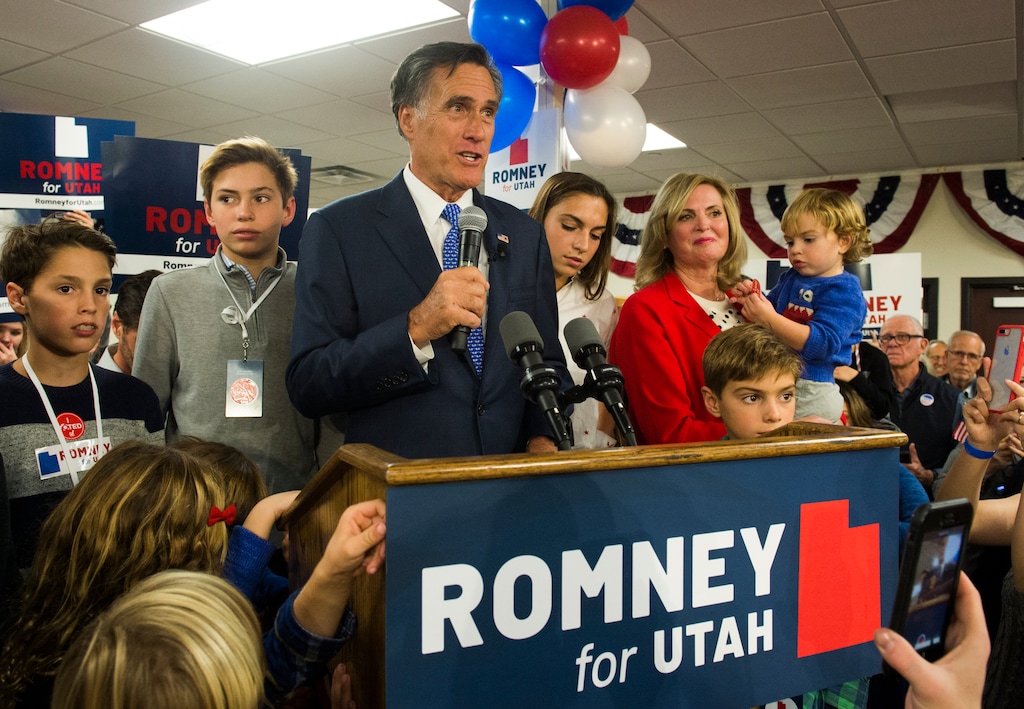 (Rick Egan  |  The Salt Lake Tribune) Mitt Romney gives his victory speech, at the Romney Headquarters, in Orem, on election night, Tuesday, Nov. 6, 2018. A review of Federal Election Commission filings by The Salt Lake Tribune found that the National Rifle Association donated no direct funds to Romney's senate campaign in 2018.
