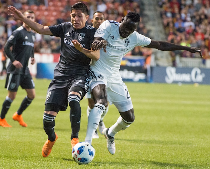 (Rick Egan  |  The Salt Lake Tribune) 
Real Salt Lake forward Jefferson Savarino (7) goes for the ball along with Colorado Rapids defender Edgar Castillo (2), in MLS soccer action, between Real Salt Lake and Colorado Rapids,  at Rio Tinto Stadium, Saturday, April 21, 2018.


