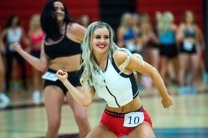 Chris Detrick | The Salt Lake Tribune
Whitney Moss (10) dances during the audition at West High School Saturday, July 8, 2017. 125 women auditioned for sixteen spots on the America First Jazz Dancers team.