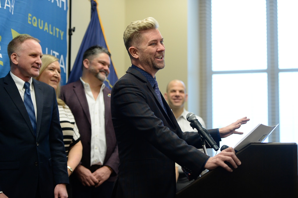 (Francisco Kjolseth  |  The Salt Lake Tribune) Troy Williams, executive director of Equality Utah, center, holds a press conference at the Utah Capitol on Wednesday, Jan. 22, 2020, to recognize Utah becoming the 19th state in the nation to enact a ban on conversion therapy for minors.