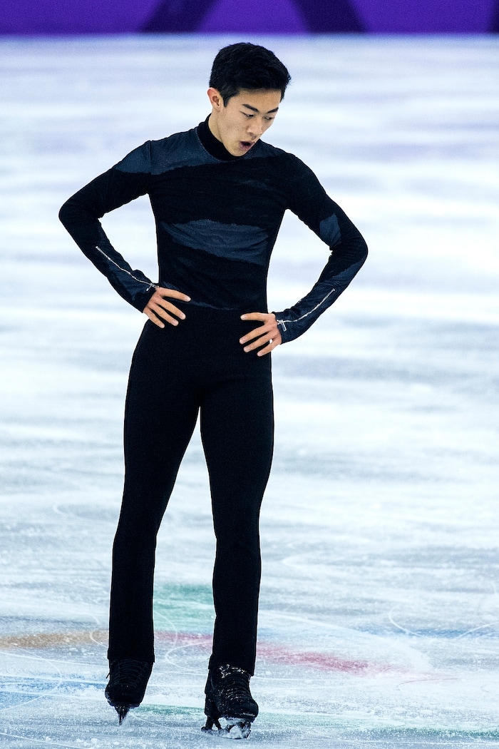 (Chris Detrick  |  The Salt Lake Tribune)  Salt Lake City's Nathan Chen reacts after competing in the Men's Single Skating Short Program for the Team Event at the Gangneung Ice Arena Friday, February 9, 2018.  Chen got fourth place with a score of 80.61.