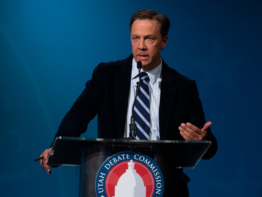 (Rick Egan  |  The Salt Lake Tribune)   Kael Weston (D), speaks during the 2nd Congressional District debate between J. Robert Latham (L), Chris Stewart (R) and Kael Weston (D), at KSL Studio in Salt Lake City, on Monday, October 19, 2020