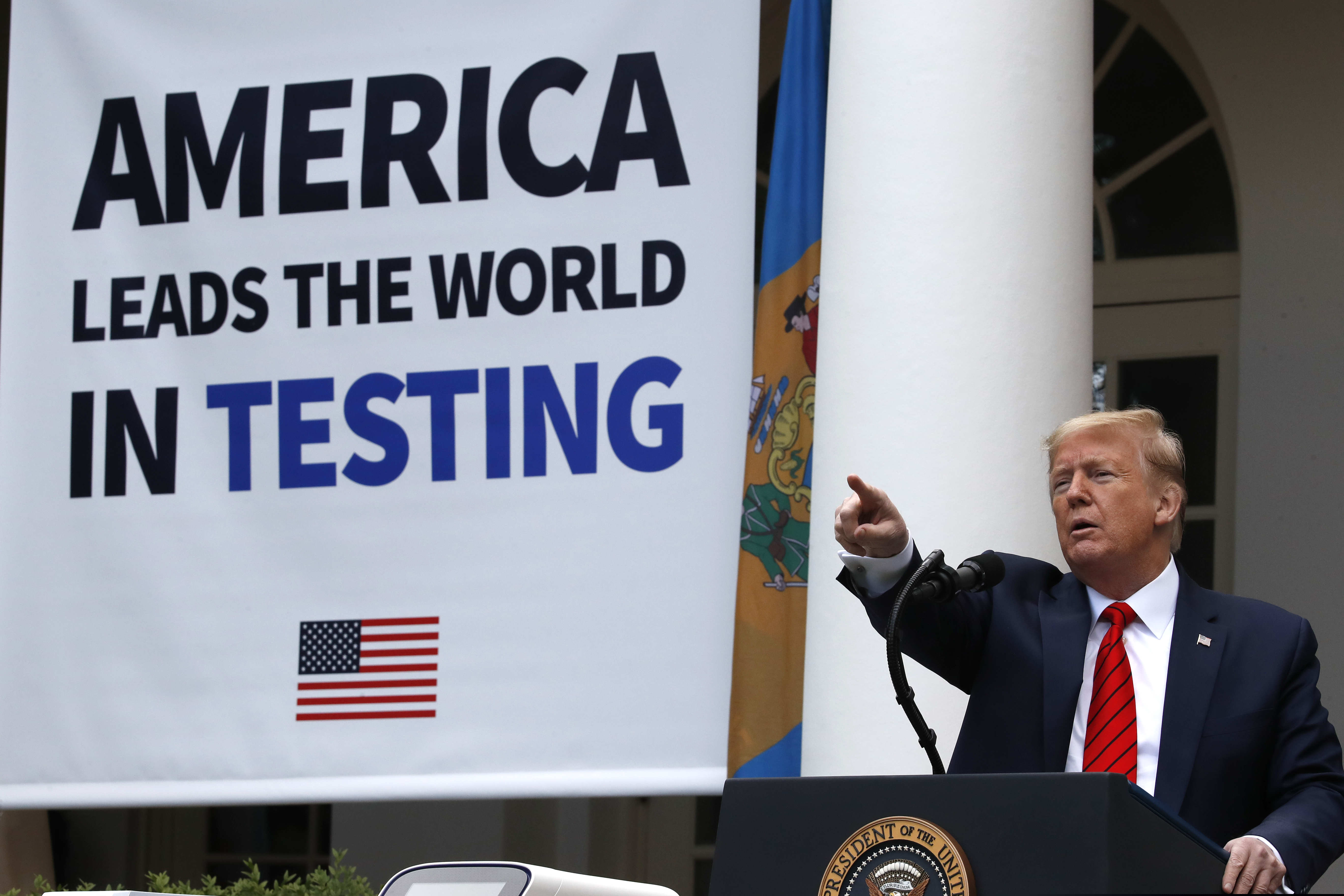 President Donald Trump speaks about the coronavirus during a press briefing in the Rose Garden of the White House, Monday, May 11, 2020, in Washington. (AP Photo/Alex Brandon)