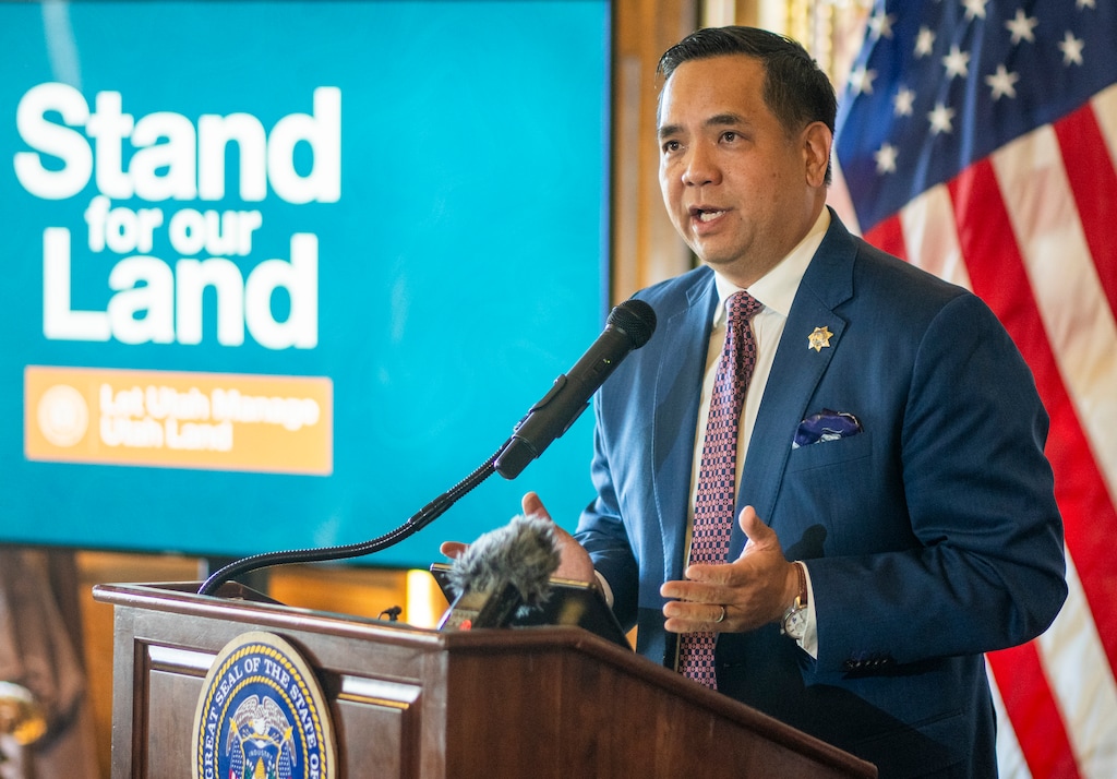 (Rick Egan | The Salt Lake Tribune) Utah Attorney General Sean Reyes discusses Utah's landmark public lands lawsuit during a news conference at the Capitol on Tuesday, Aug. 20, 2024.
