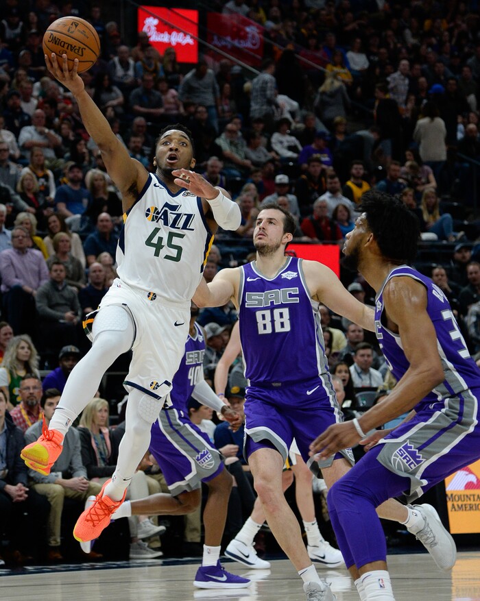 (Francisco Kjolseth  |  The Salt Lake Tribune)  Utah Jazz guard Donovan Mitchell (45) moves in as the Utah Jazz host the Sacramento Kings in their NBA game at Vivint Smart Home Arena Friday, April 5, 2019, in Salt Lake City.