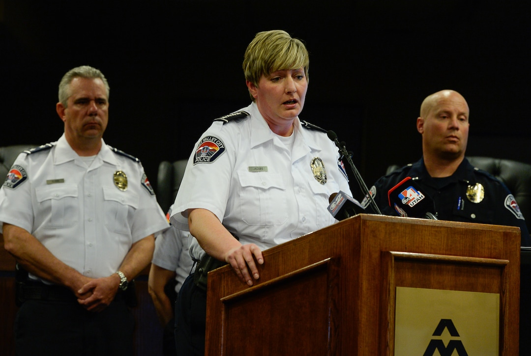 (Francisco Kjolseth  |  The Salt Lake Tribune)  West Valley Police Chief Colleen Jacobs  holds a press conference on Tuesday, Apr. 17, 2018, to release body cam footage of the fatal shooting of 20-year-old Elijah James Smith. On April 8, Smith was shot and killed by West Valley police officers who believed he matched the description of someone officers were looking for after a theft at a cellphone store.