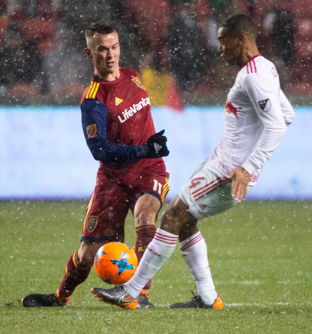 (Rick Egan  |  The Salt Lake Tribune)      Real Salt Lake midfielder Albert Rusnak (11) goes for the ball along with New York Red Bulls midfielder Tyler Adams (4), in MLS action between Real Salt Lake and New York Red Bulls at Rio Tinto Stadium, Saturday, March 17, 2018.