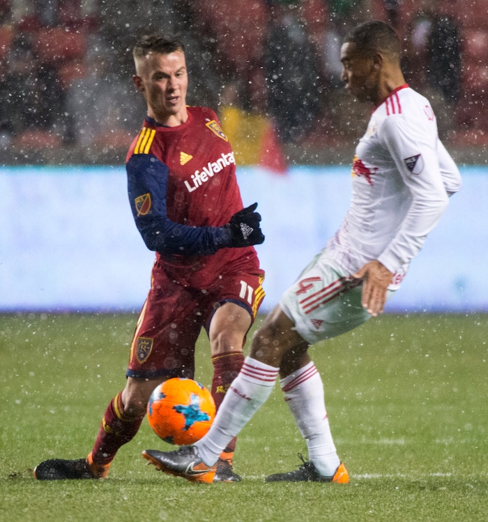 (Rick Egan  |  The Salt Lake Tribune)      Real Salt Lake midfielder Albert Rusnak (11) goes for the ball along with 
New York Red Bulls midfielder Tyler Adams (4), in MLS action between Real Salt Lake and New York Red Bulls at Rio Tinto Stadium, Saturday, March 17, 2018.


