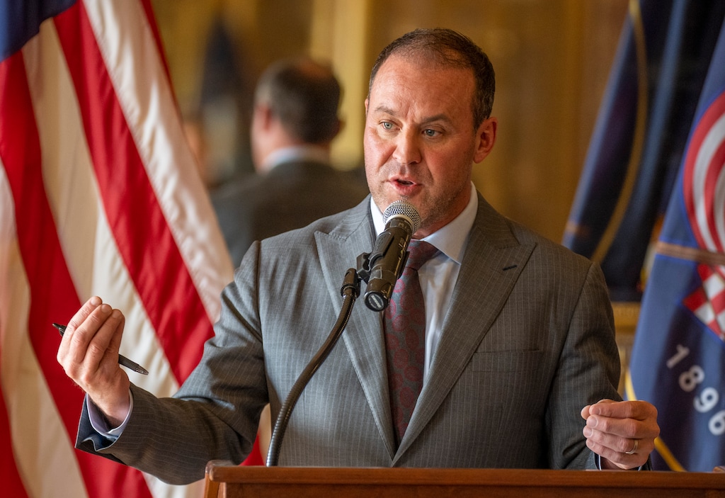 (Rick Egan | The Salt Lake Tribune) Utah House Speaker Mike Schultz, R-Hooper, says a few words during a news conference in the Gold Room at the Capitol on Monday, Feb. 12, 2024. On Monday, May 20, 2024, Schultz posted a video speaking out against faculty at the University of Utah standing in solidarity with the campus pro-Palestine protesters.