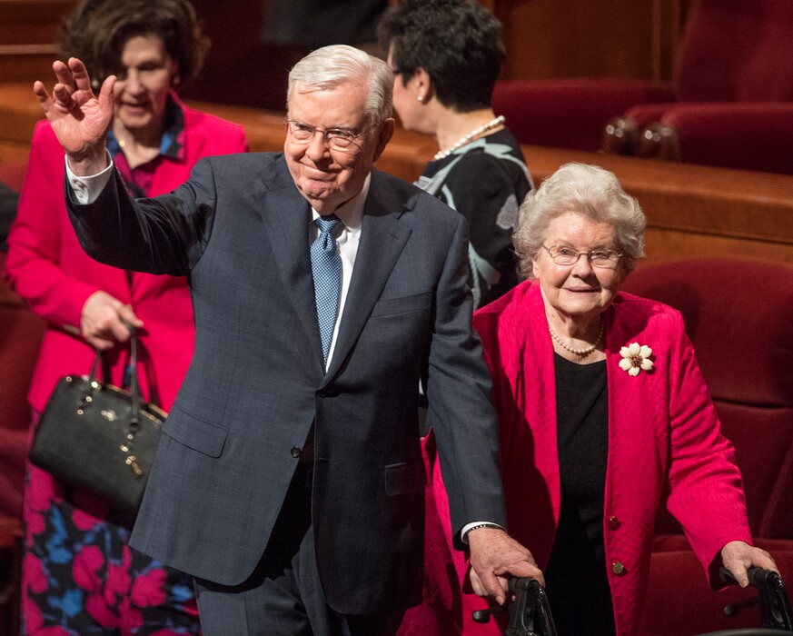 (Rick Egan  |  The Salt Lake Tribune)          Apostle M. Russell Ballard waves as he leaves the stand with his wife, Barbara Ballard, after the Saturday morning session of the188th Annual General Conference in Salt Lake City,  Saturday, March 31, 2018.