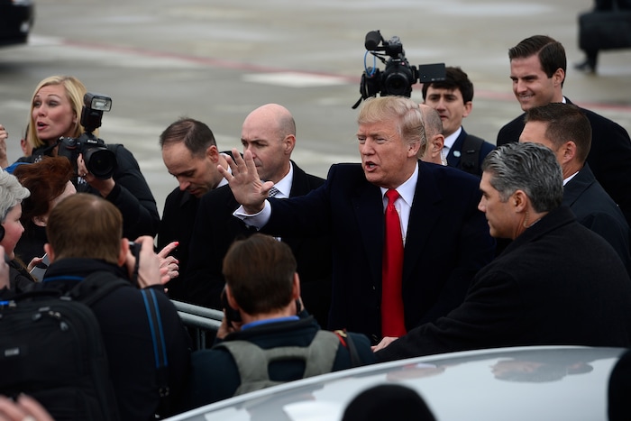 (Scott Sommerdorf   |  The Salt Lake Tribune)   President Trump visits with a crowd of admirers after he arrived in Salt Lake City, Monday, December 4, 2017.  