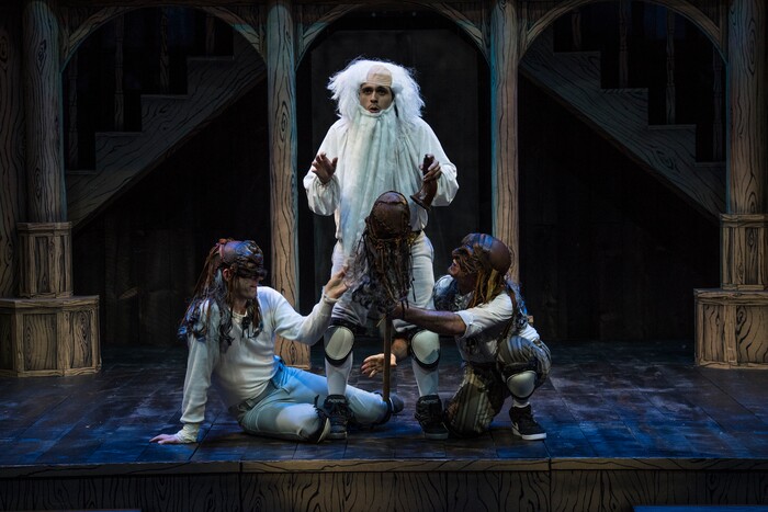 Riley Shanahan (left) as Riley, Marco Antonio Vega as Marco, and Luke Striffler as Luke in the Utah Shakespeare Festival’s 2017 production of "William Shakespeare’s Long Lost First Play (abridged)." (Photo by Karl Hugh | Utah Shakespeare Festival 2017)