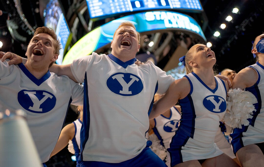 (Francisco Kjolseth | The Salt Lake Tribune) The BYU cheer squad gets the fan section riled up before the start of BYU’s game against the Utah State Aggies at the Marriott Center in Provo, Wednesday, Dec. 8, 2021.