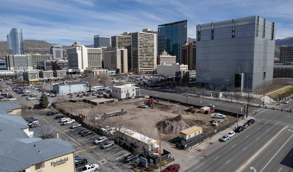 (Francisco Kjolseth | The Salt Lake Tribune) New Orleans developer Domain Cos. has started prep work on an open lot at 370 S. West Temple in Salt Lake City, with plans to build a mid-rise "lifestyle" hotel, Thursday, March 12, 2026.
