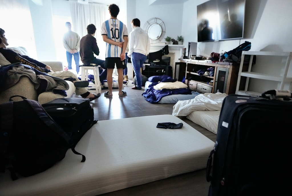 (Francisco Kjolseth | The Salt Lake Tribune) Numerous mattresses cover the floor where 12 foreign students from Argentina who came to Park City to work on  J-1 visas describe their living conditions for the past two months on Monday, Jan. 30, 2023. Because of lack of housing, they have been living in a one-bedroom apartment, paying $12,000 a month in rent.