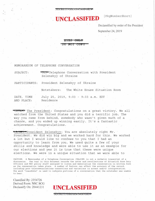 (The White House via AP) Page one of five from a White House-released rough transcript of President Donald Trump's July 25, 2019 telephone conversation with Ukraine's newly elected president, Volodymyr Zelenskiy, released Wednesday, Sept. 25, 2019 in Washington.