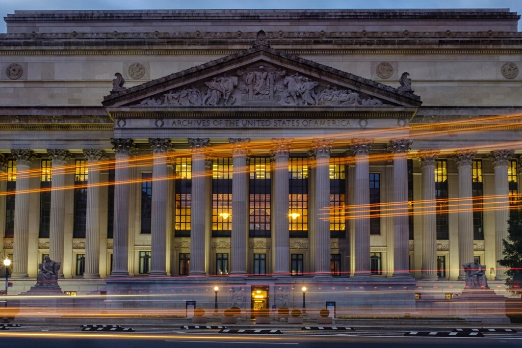 (J. David Ake | AP photo)

Traffic streaks past the U. S. National Archive headquarters building early in the morning, Tuesday, Oct. 24, 2017.