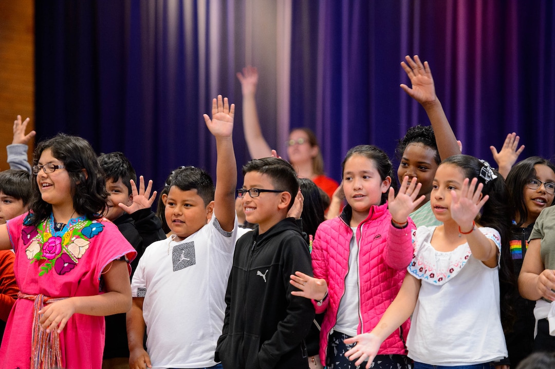 (Trent Nelson  |  The Salt Lake Tribune)  Hillsdale Elementary students sing "De Colores" during an assembly on Tuesday April 30, 2019. The West Valley School celebrated Children's Day, a national observance in Mexico.