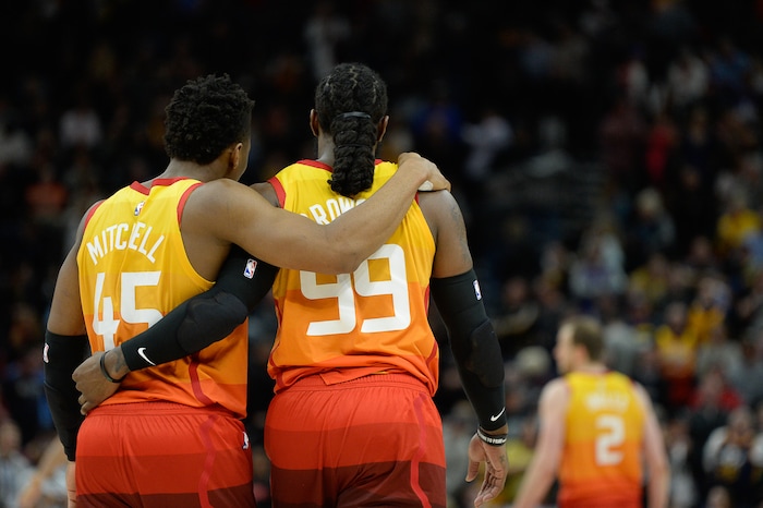 (Francisco Kjolseth  |  The Salt Lake Tribune)  Utah Jazz guard Donovan Mitchell (45) and Utah Jazz forward Jae Crowder (99) celebrate their 100-94 win over the Pistons in their NBA game at Vivint Smart Home Arena Monday, Jan. 14, 2019, in Salt Lake City.