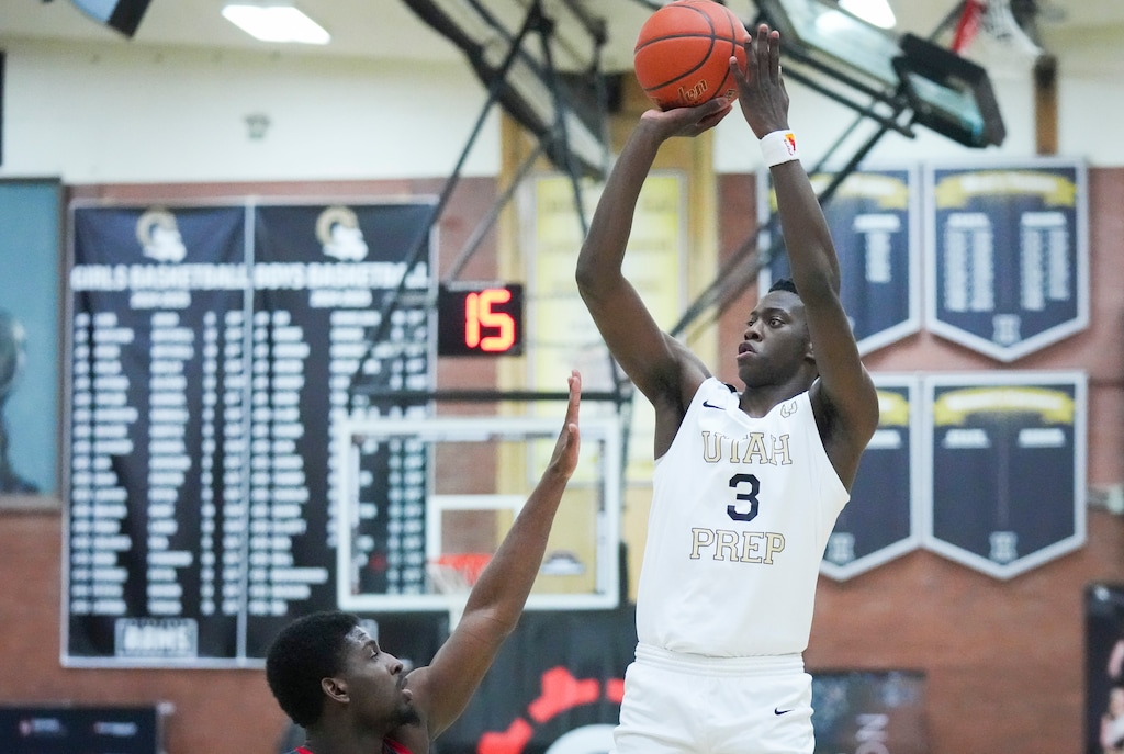 (Bethany Baker  |  The Salt Lake Tribune) Utah Prep's AJ Dybantsa (3) shoots during the Grind Session Semifinals at Highland High School in Salt Lake City on Saturday, March 15, 2025.