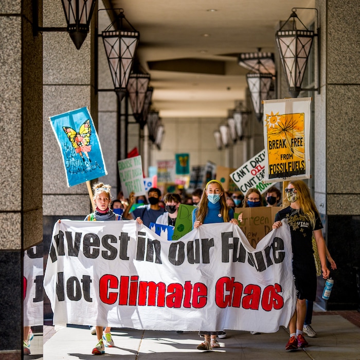 (Trent Nelson | The Salt Lake Tribune) Youth march to the State Capitol in Salt Lake City for Future Utah’s climate strike on Friday, Sept. 24, 2021..