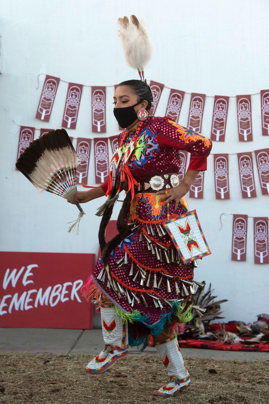 (Rick Egan  |  The Salt Lake Tribune)    Shelly Etsitty does a jingle dance at the Indigenous Peoples Day celebration, on Monday, Oct. 12, 2020.Shelly Etsitty does a jingle dance
