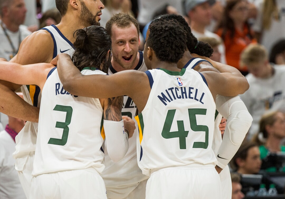 (Rick Egan  |  The Salt Lake Tribune)  The Utah Jazz huddle together during a review of a play, in game 4, NBA playoff action between Utah Jazz and Oklahoma City Thunder, in Salt Lake City, Monday April 23, 2018.