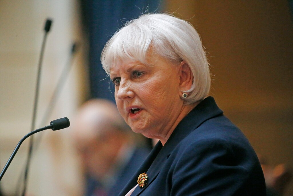 In this Jan. 27, 2020, photo, Democratic Senate Minority Leader Sen. Karen Mayne speaks on the Senate floor, at the Utah State Capitol, in Salt Lake City. All six women in the Utah Senate walked out in protest and refused to vote Tuesday, March 10, 2020, on a bill mandating a woman be shown an ultrasound before receiving an abortion. The bill passed despite their absence. Mayne said she was sad that women had to tell their own life stories as they spoke against the bill, and yet their male colleagues didn't appear to believe the proposal was too invasive. (AP Photo/Rick Bowmer)