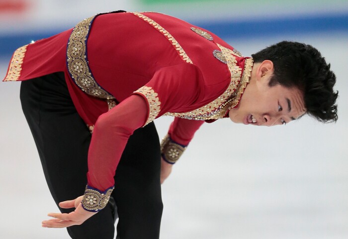 Nathan Chen, of the United States, skates his free program at the World figure skating championships in Helsinki, Finland, on Saturday, April 1, 2017. (AP Photo/Ivan Sekretarev)